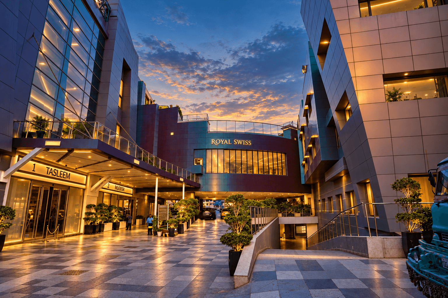 The entrance to Royal Swiss, Lahore, at dusk