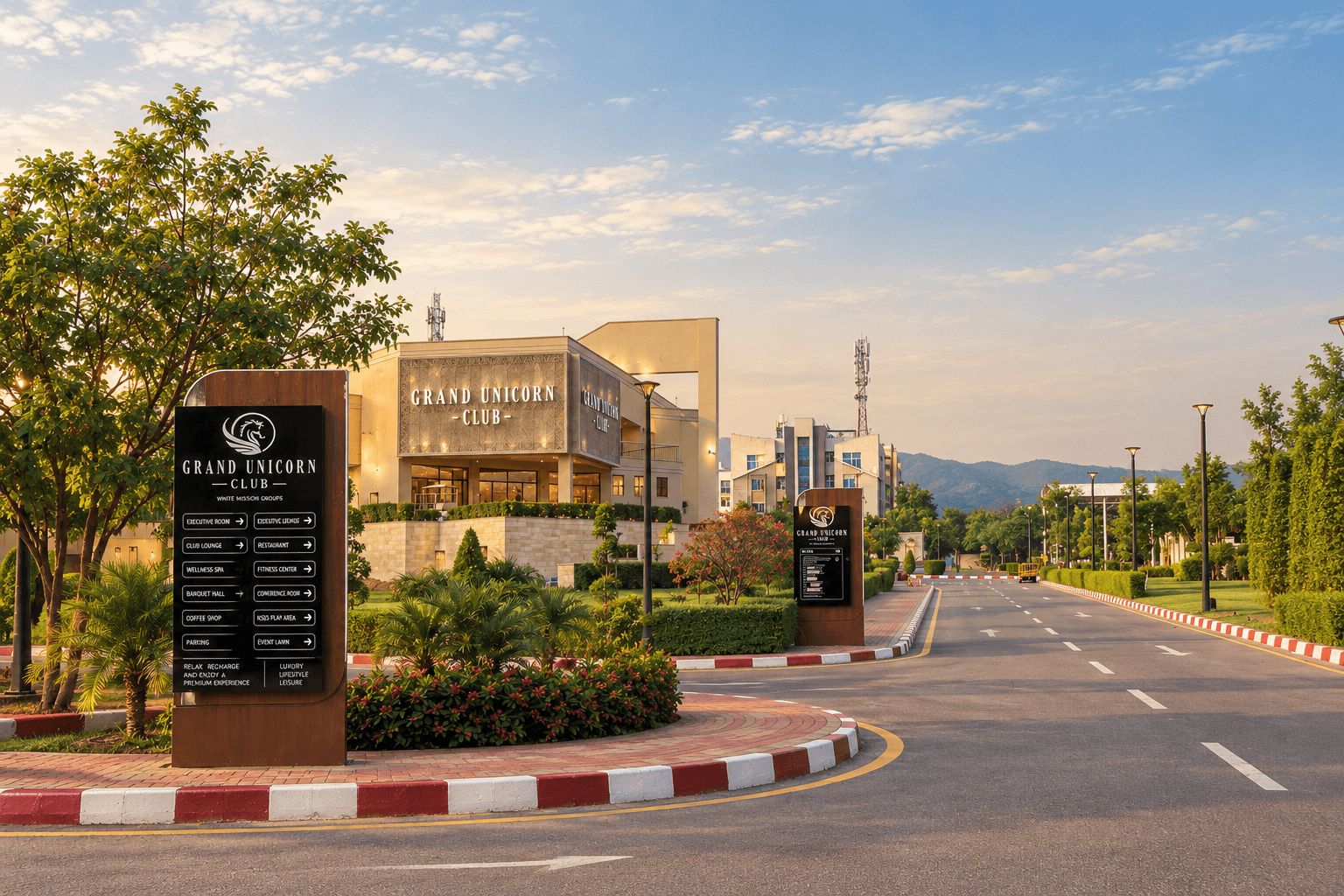The entrance to Grand Unicorn Club, Islamabad, at golden hour