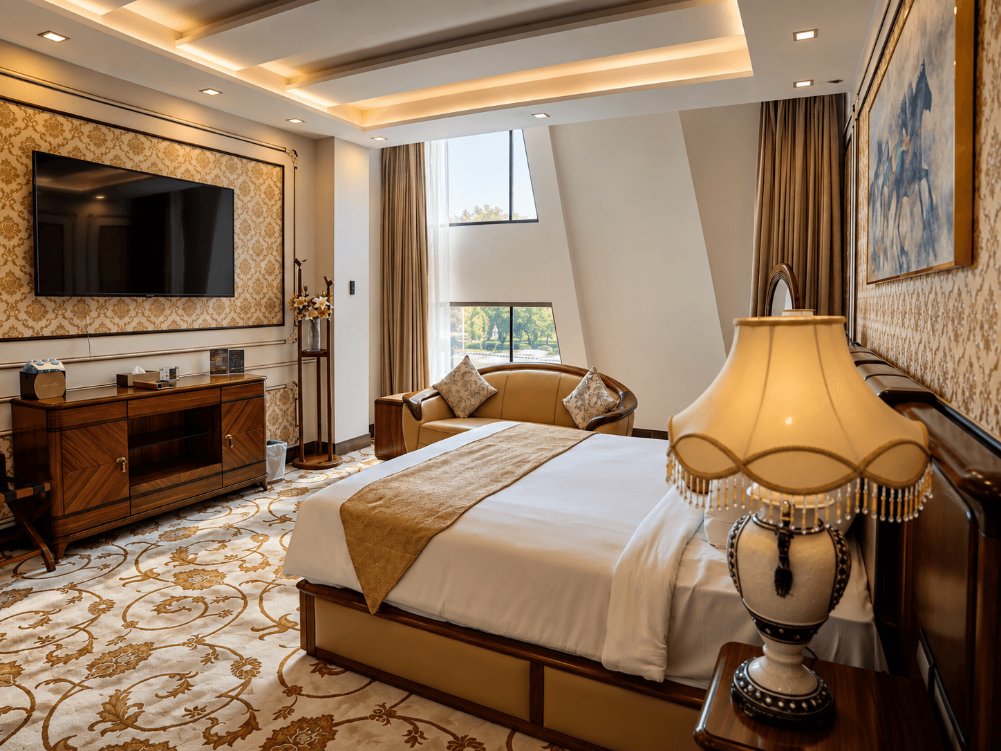 An Executive Suite at Royal Swiss Lahore, panelled in gold damask